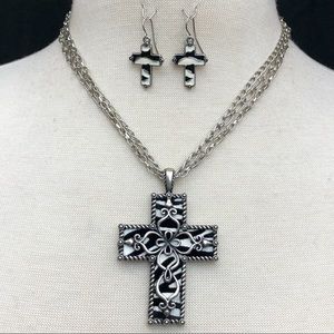 Zebra Stripe Print Animal Theme Christian Cross Statement Necklace Earrings Set